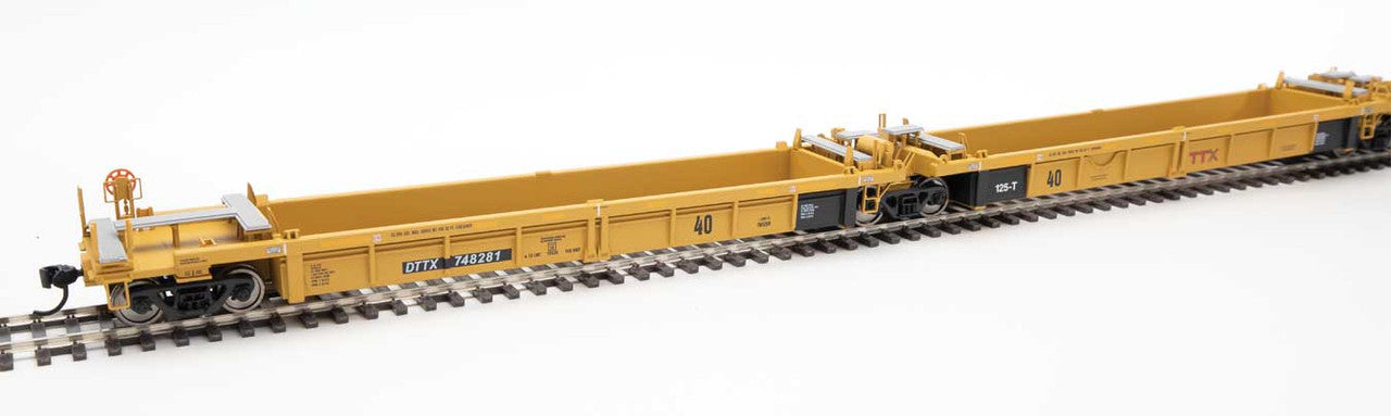 Walthers HO Scale Model Train - Thrall 5-Unit Rebuilt 40-Foot Well Car Trailer-Train DTTX #748281 A - E in Yellow with Small Red Logo