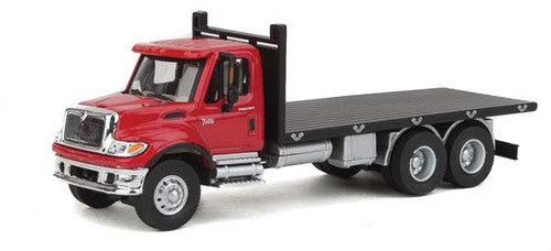 Walthers HO Scale SceneMaster Assembled International 7600 Three-Axle Flatbed Truck with Red Cab and Black Flatbed, Ideal Replica for Model Railroads