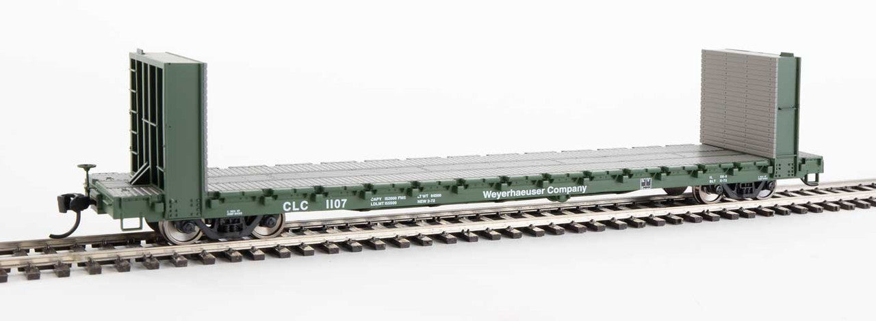 HO Scale Model Train Walthers 910 - 5828 60 - foot Pullman - Standard Bulkhead Flatcar (48 - foot IL) CLC of Limited Edition Weyerhauser #1107