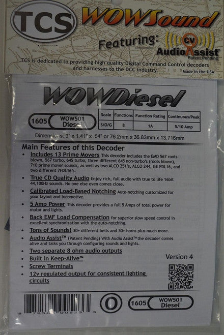 1605 TCS HO Scale 5-Amp Diesel Locomotive Decoder with WOW501 Sound, Part # 745-1605