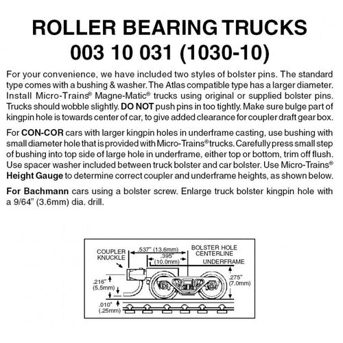 N Scale Model Train MICRO TRAINS 003 10 031 Roller Bearing Trucks Equipped with Short Extension RDA Couplers (1030 - 10), Pack of 10 Pairs