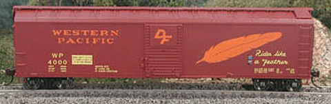 HO Scale Model Train Bowser 40372 50-Foot Boxcar - Western Pacific #4006 Featuring Brown, Yellow, Orange Colors with a Large Feather Design