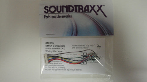 Soundtraxx 9-Pin JST to NMRA 8-Pin Wiring Harness for All Scale Models, Part Number 678-810135