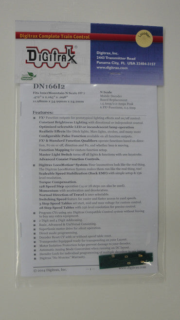 Digitrax DN166I2 DCC Decoder Board Replacement for N Scale Intermountain FP7A and FP9A Locomotives with Motor Contact Shoes
