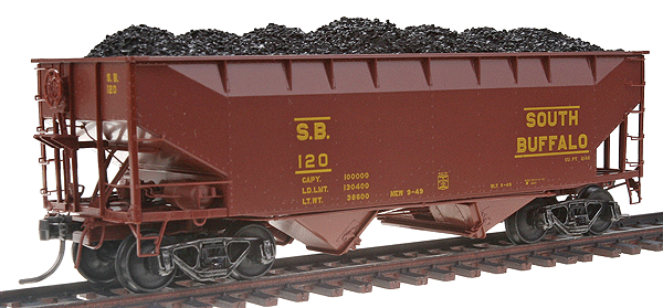 HO Scale Model Train Kadee 7027 50-Foot 2-Bay Open Hopper Car of South Buffalo Railroad Company #120 in Boxcar Red Color
