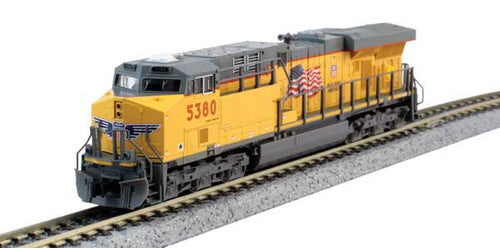 Kato Standard DC N Scale Model Train - GE ES44AC GEVO Union Pacific Locomotive #5553 in Armour Yellow, Gray with US Flag and Building America Logo