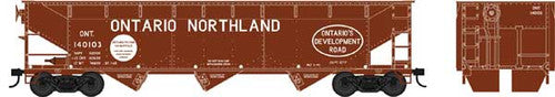 HO Scale Model Train 70-Ton Offset Hopper by Bowser - Ontario Northland 140103 Featuring Boxcar Red and White Colors with Ontario's Development Road Slogan