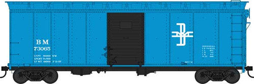 HO Scale Bowser 42834 40-Foot Steel Single-Door Boxcar Model - Boston & Maine Railroad #73065 in Blue, Black, and White Color Scheme