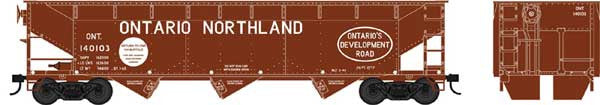 HO Scale Model Train 70-Ton Offset Hopper by Bowser - Ontario Northland 140103 Featuring Boxcar Red and White Colors with Ontario's Development Road Slogan
