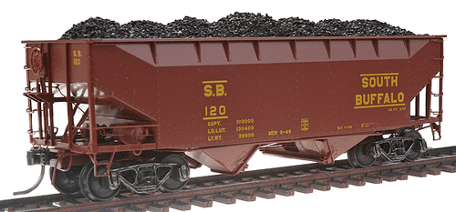HO Scale Model Train Kadee 7027 50-Foot 2-Bay Open Hopper Car of South Buffalo Railroad Company #120 in Boxcar Red Color