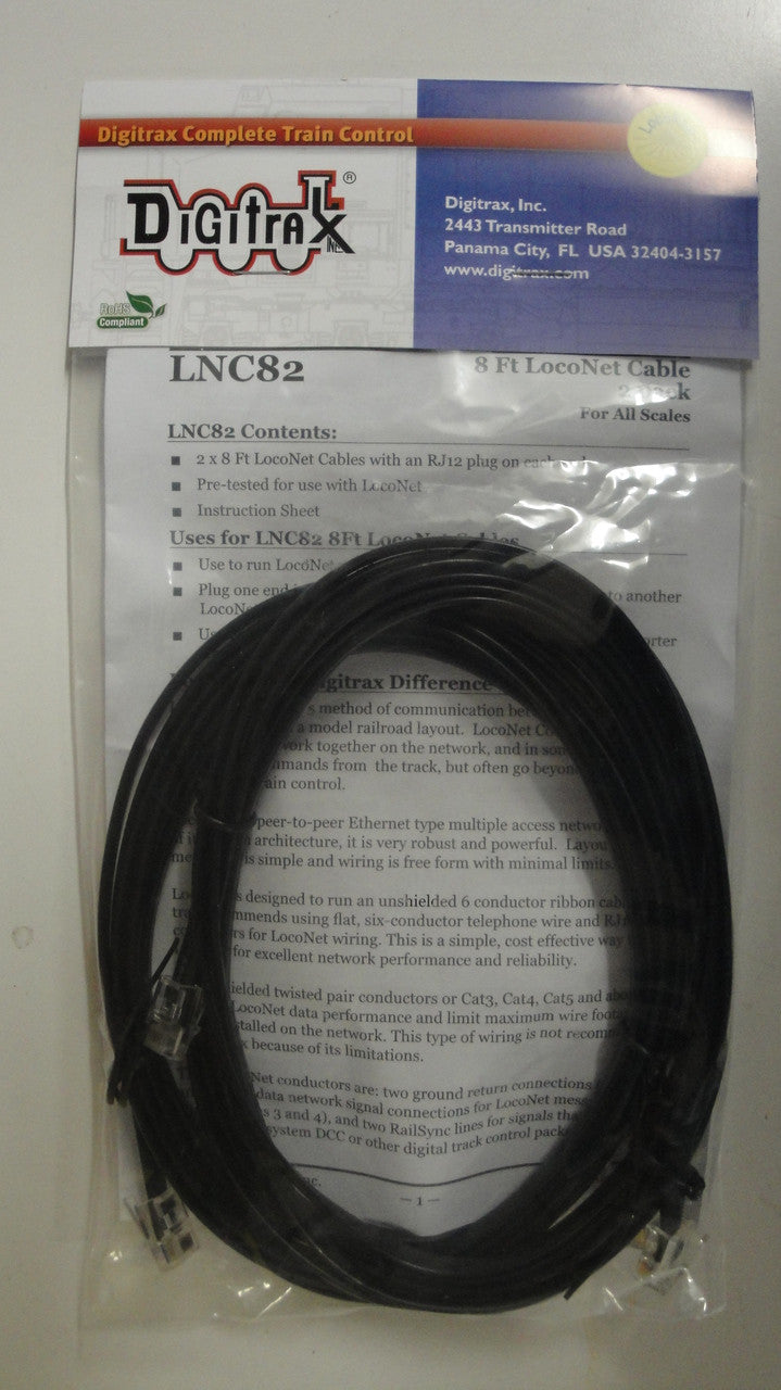 Digitrax LNC82 8-Foot LocoNet Cable - 2 Pack Suitable for All Scales, Part Number 245-LNC82