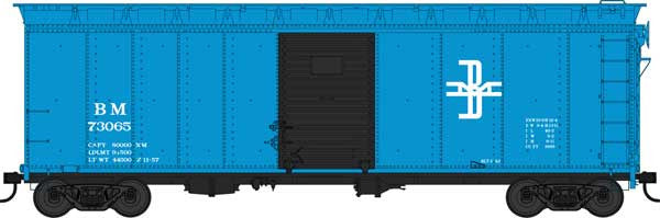 HO Scale Bowser 42834 40-Foot Steel Single-Door Boxcar Model - Boston & Maine Railroad #73065 in Blue, Black, and White Color Scheme