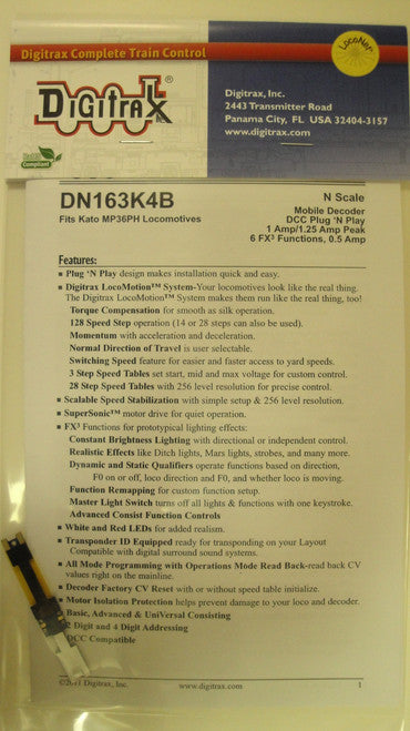 N Scale Digitrax DN163K4B Decoder for Kato MP36PH Locomotive