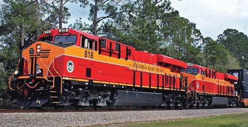 Kato N Scale Standard DC Model Train - GE ES44AC GEVO Locomotive for Florida East Coast Line #801 in Red, Yellow and Black Colors