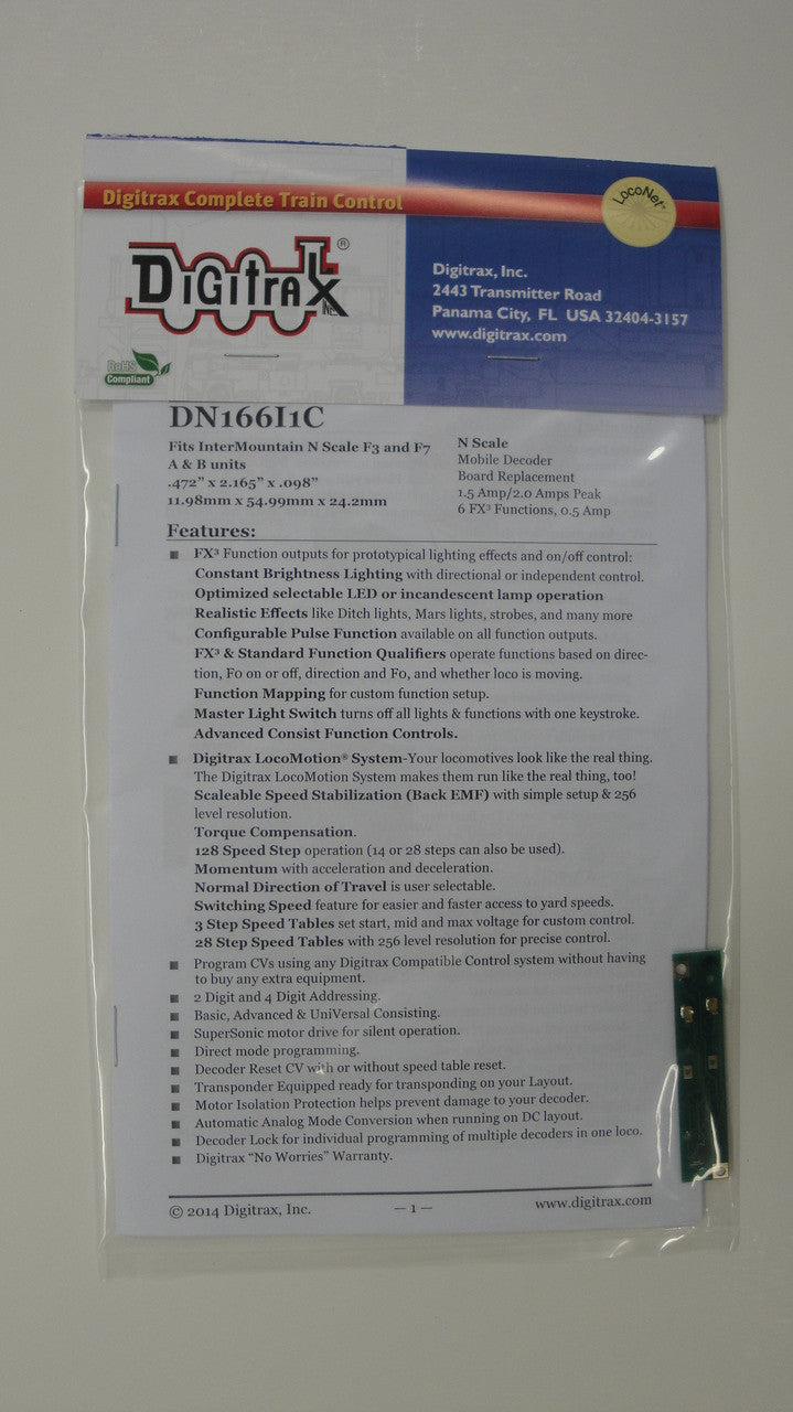 Digitrax DN166I1C Replacement DCC Decoder Board for N Scale Intermountain F3 and F7 A&B Locomotive Units with Motor Contact Shoes